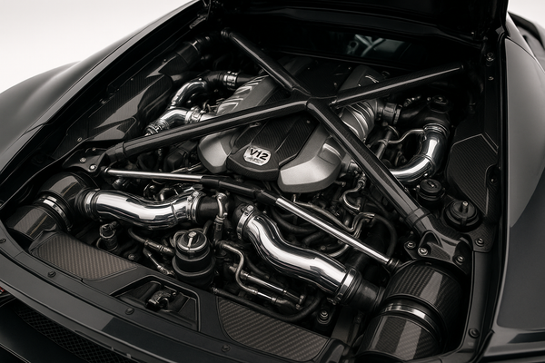 exotic car engine bay in white background